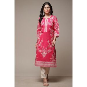Biba Kurta Womens Size 36/L Pink Midi Dress Top Printed Straight India Ethnic
